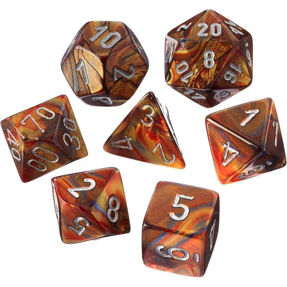 Dice Chessex Gold Lustrous con números plateados de 10 mm, juego de 7