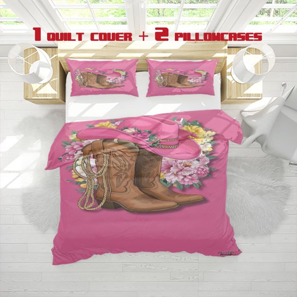 3pcs Pink Background Cowboy Hat And High Heels Print Three Piece Bedding Set Soft Duvet Cover And Two Pillowcases