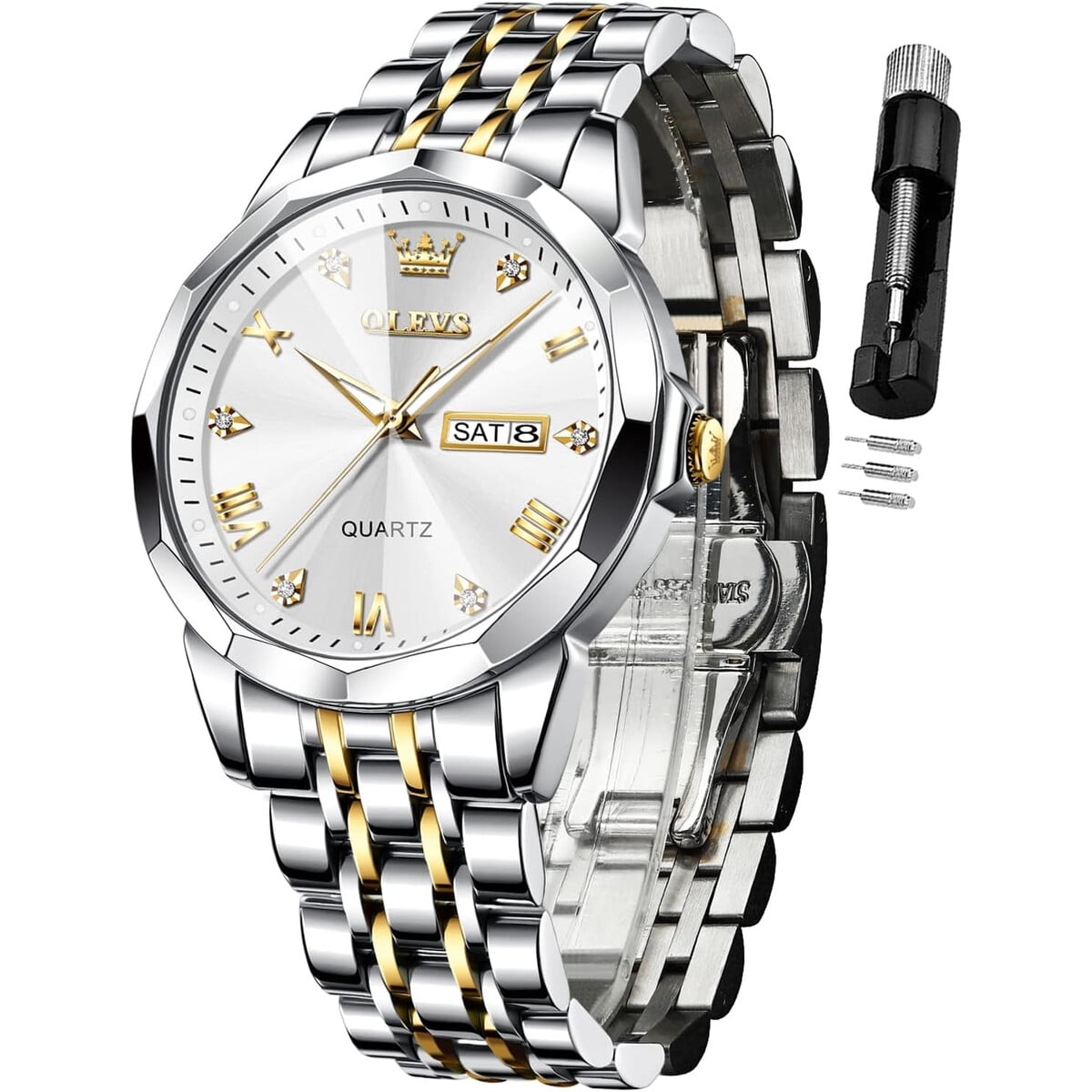 Olevs - Reloj Hombre Acero Inoxidable Diamantes Fecha