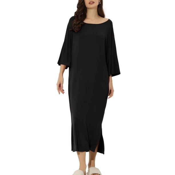 INSPIRE CHIC Vestido de Noche Maxi de Manga 3/4 para Mujer Regreso a Clases Camisón Largo Suave y Elástico con Cuello Redondo Ajuste Relajado Ropa de Casa 2XL Negro
