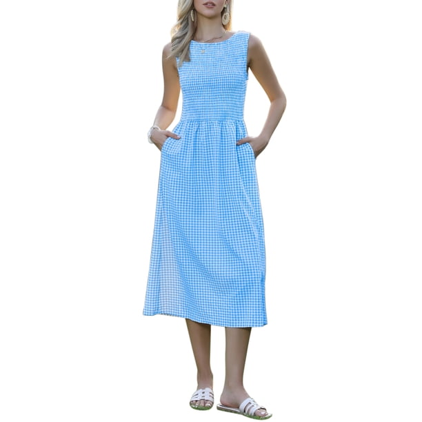 INSPIRE CHIC Vestido de línea A a cuadros para mujer con nido de abeja sin mangas, cuello redondo, vestido midi fluido de verano con bolsillos M Azul Blanco