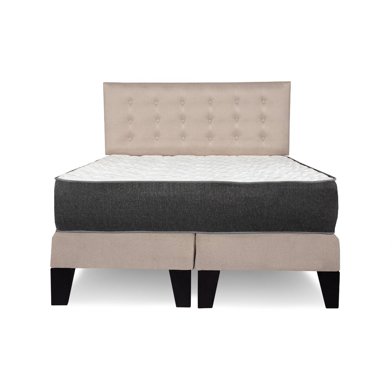M Sole - Cama King Size Completa Base Americana + Colchón De Resortes + Respaldo Botones Beige