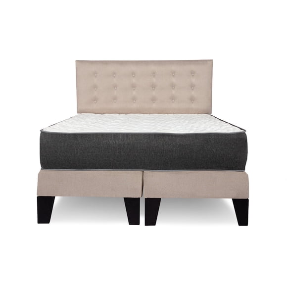 Cama 2 plazas completa Base americana + colchón de resortes + respaldo botones beige