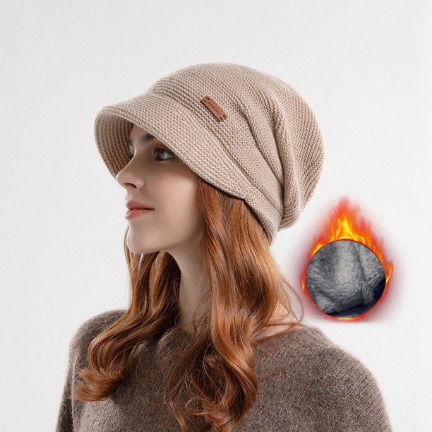 1PCS Winter Beanie Hats With Short Brim, Thermal Knitted Textured Fleece Ski Baggy Winter Hat Skiing Cycling For Women