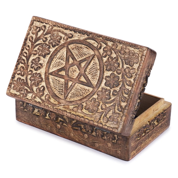 Caja de joyería Ajuny de madera 20x13 cm, tallado de estrella y círculo