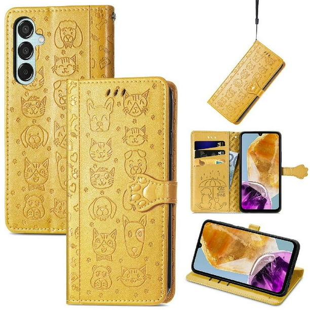 Funda Cartera FOXDOCK para Samsung Galaxy M15 , Flip PU con Relieve de Gatos y Perros, Tarjetero y Soporte