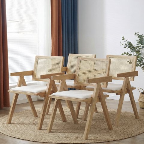 Pack 4 Silla Comedor Chandigarh Madera Natural Cojín Lino Venhoouse