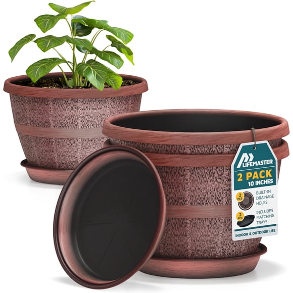 Macetas Lifemaster en forma de barril de whisky, 25 cm, plástico duradero, paquete de 2