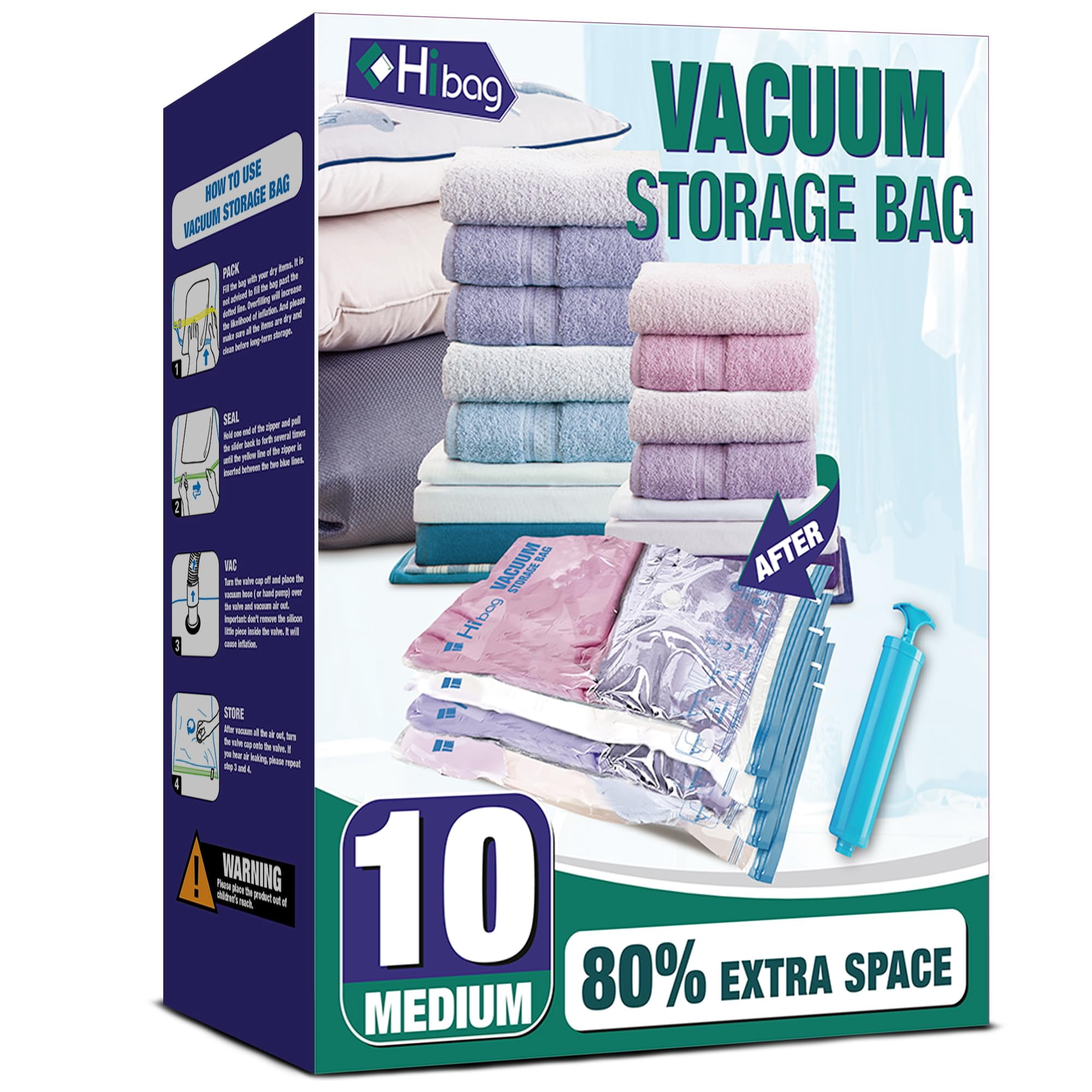 Bolsas De Almacenamiento Al Vacío Hibag 10 Medianas Que Ahorran Espacio Con Bomba Manual