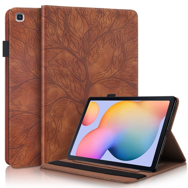 Funda con relieve del Árbol de la Vida para tablet Samsung Galaxy Tab S6 Lite con soporte, ranuras para tarjetas y soporte para lápiz óptico. Marrón