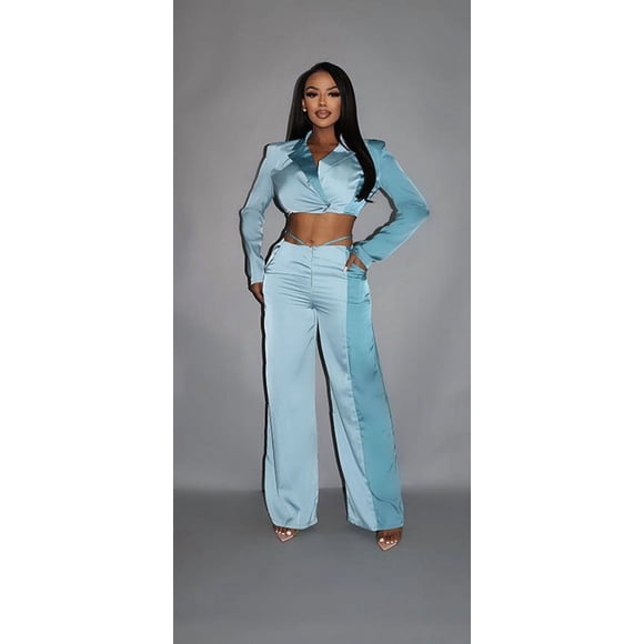 Blazer Corto con Bloques de Color y Pantalón Ancho de Tiro Bajo a Juego con Bolsillos Azul L