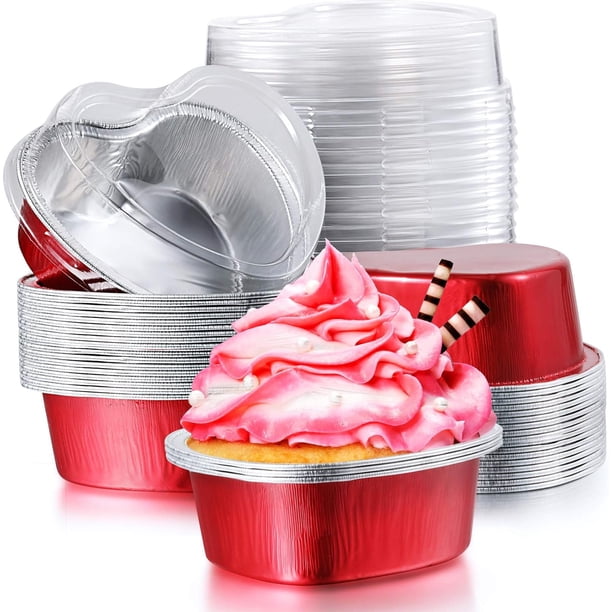 Molde de aluminio para pasteles, forma de corazón, para cupcakes, con tapa, 100 ml (3,4 onzas), desechable, para San Valentín, Día de la Madre, bodas, Navidad y cumpleaños.