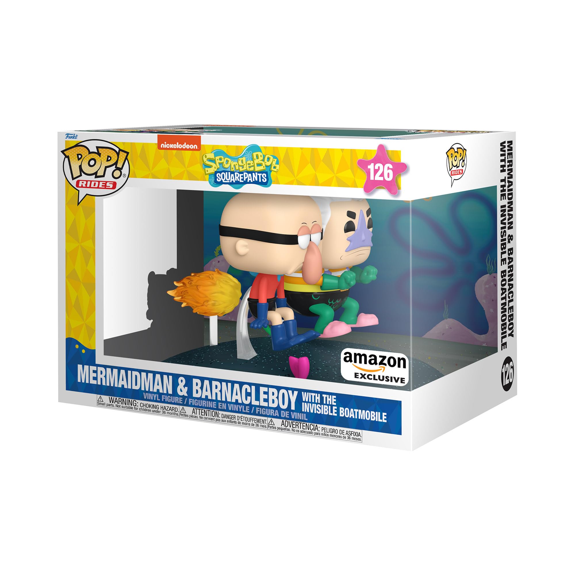 Figura De Acción Funko Pop! Monta Deluxe Con Bob Esponja, Mermaid Man Y Barnacle Boy Con Un Barco Móvil Invisible