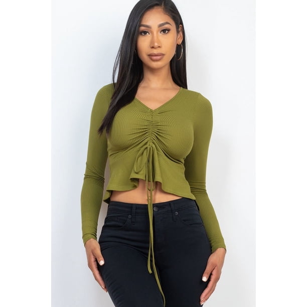 Top Peplum De Manga Larga Con Cordón Delantero Acanalado