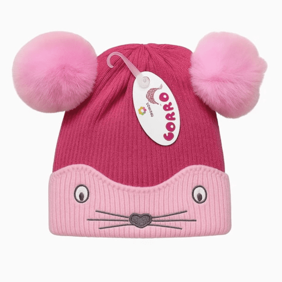 GORRO DE LANA INFANTIL DISEÑO RATON CON CHIPORRO Y POMPONES BEBE UNISEX