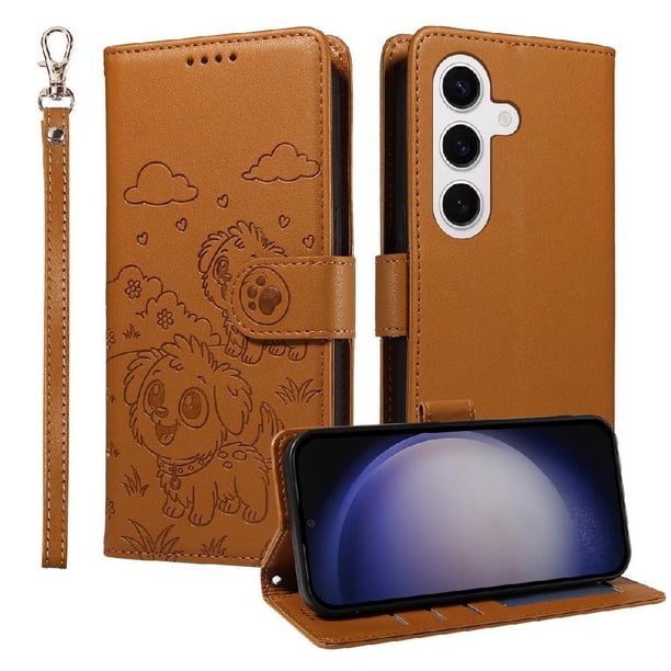 Funda Cartera para Samsung Galaxy S25 Plus Perro Cachorro Grabado con Tarjetas Soporte Correa Marrón