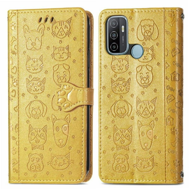 Funda Cartera FOXDOCK para OPPO A53 2020 , Flip PU con Relieve de Gatos y Perros, Tarjetero y Soporte