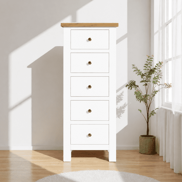 Cómoda "Kull" Minimalista 5 Cajones Mueble de Madera Slim - Blanco - 55x40x120 cm