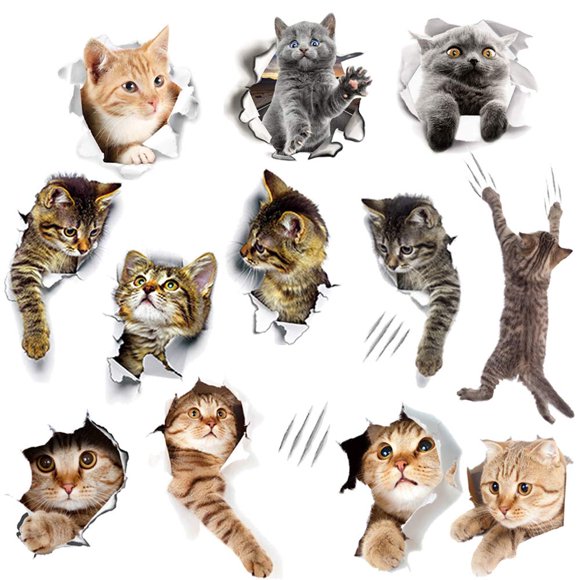 Adhesivos de pared WMDecal 3D con dibujos animados de animales y gatos, vinilo, 12 unidades