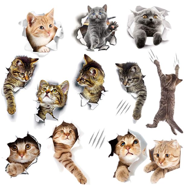 Adhesivos de pared WMDecal 3D con dibujos animados de animales y gatos, vinilo, 12 unidades