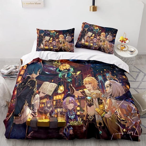 Genshi-n Im-pact D-uvet Cove-r Queen Size - Genshin- Impact- Printe-d Soft Microfi-ber Beddi-ng Set