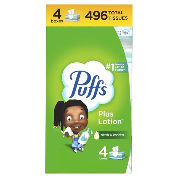 Loción facial Puffs Plus, 4 cajas familiares, 124 pañuelos
