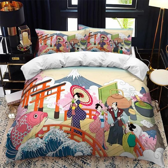Japanese-Style Duvet Cover Set Ukiyo-e Theme Wave Pattern Polyester Bedding Set Fuji Mountain Exotic Style Bed Sheets