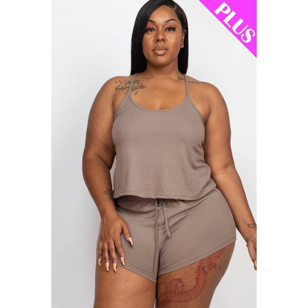 Conjunto de Top de Tirantes y Shorts en Tejido de Canalé de Talla Grande