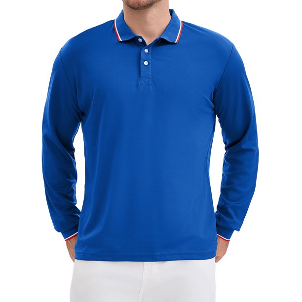 INSPIRE CHIC Camisa Polo de Manga Larga Clásica de Ajuste Regular para Hombre Color Sólido para Negocios y Golf L Azul Real