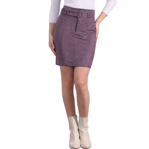 INSPIRE CHIC Falda de Mujer Imitación Ante Cintura Alta Casual con Cinturón Faldas Lápiz L Púrpura Oscuro