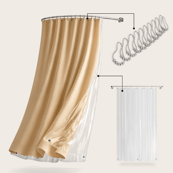Cortina De Baño Tela + Forro + 12 Ganchos Acero Beige