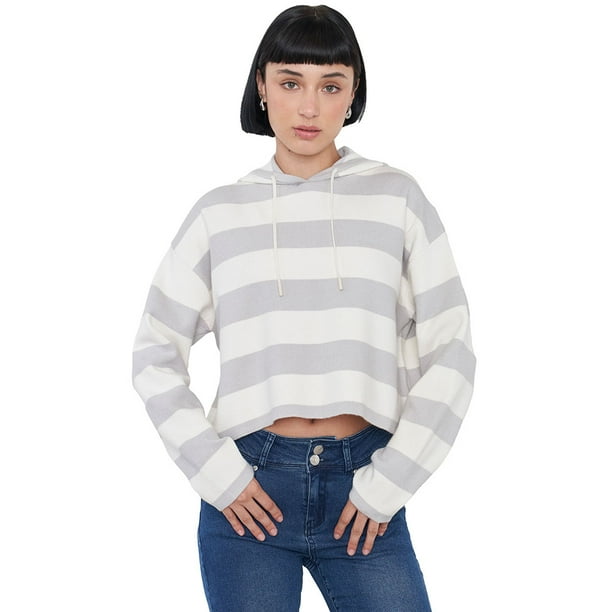 Sweater Mujer Hoodie Gris Rayas Corona