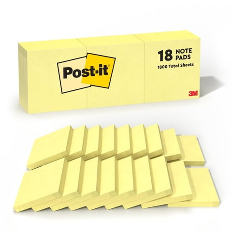 Notas Adhesivas Post-It, 3 X 3 En 18 Blocs, 100 Hojas, Color Amarillo Canario