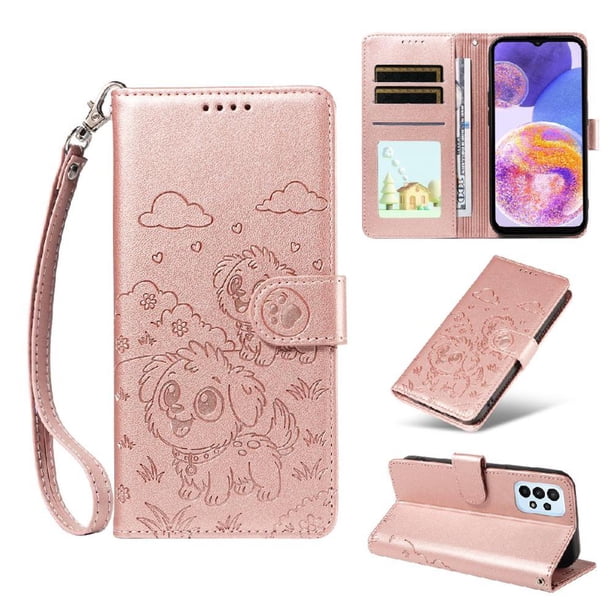 Funda Cartera para Samsung Galaxy A23 4G/5G Perro Cachorro Grabado con Tarjetas Soporte Correa Rosa