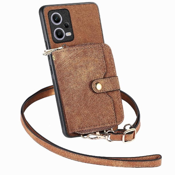 Funda Tipo Cartera con Correa Cruzada para Xaiomi Redmi Note 12 5G Protección Contra Golpes Marrón