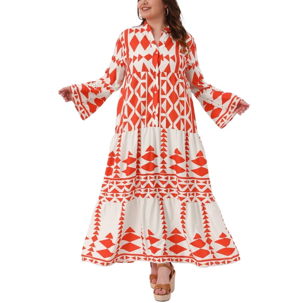 Agnes Orinda Trajes de Halloween Vestido Bohemio de Talla Grande para Mujer Patrón Geométrico Flowy Botón Acampanado Manga Larga Acampanada Vestido Maxi de Línea A Casual de Otoño 1X Rojo