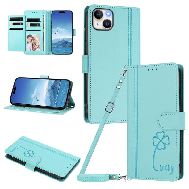 Funda Cartera Trébol para iPhone 15 Plus con Ranuras Tarjetas y Carga Inalámbrica Verde menta