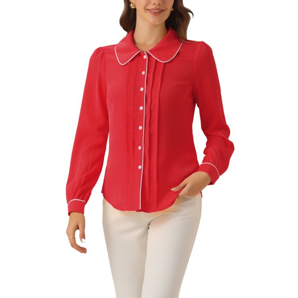 INSPIRE CHIC Blusa de Mujer para Regreso a Clases con Cuello Peter Pan, Manga Abullonada, Ribete en Contraste, Camisa Abotonada, Talla S, Rojo
