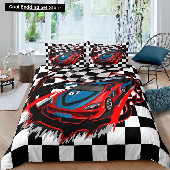 x594 Bed SheetsRace Car Duvet Cover Cool Speed Racing Bedding Set Teens Men Black Sport Car Quilt Cover Polyester Comforter Cover 3-Piece Bedding Set (1 Duvet Cover + 2 Pillow Shams) nj594