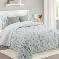 Casadeliacl - Cubrecama Quilt Sherpa 2Pl Verde Gris Y Celeste Suave Hojas Y Ramas