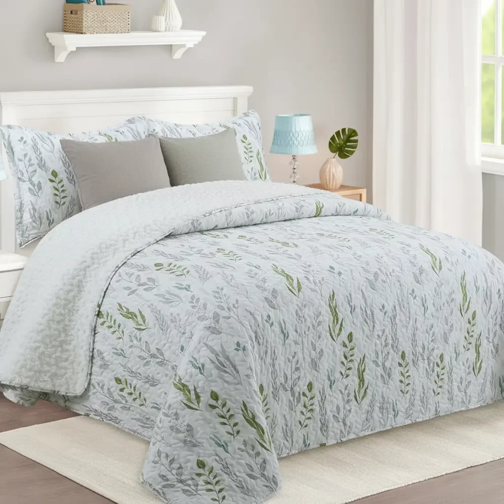 Casadeliacl - Cubrecama Quilt Sherpa 2pl Verde Gris Y Celeste Suave Hojas Y Ramas