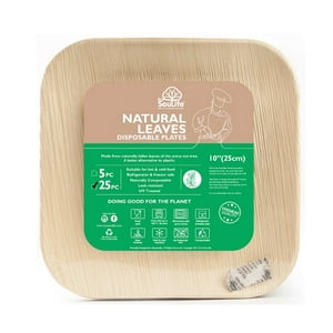 Ecosoulife - Pack De 25 Platos Cuadrados Ecológicos Hoja De Palma 100% Biodegradable 25Cm.