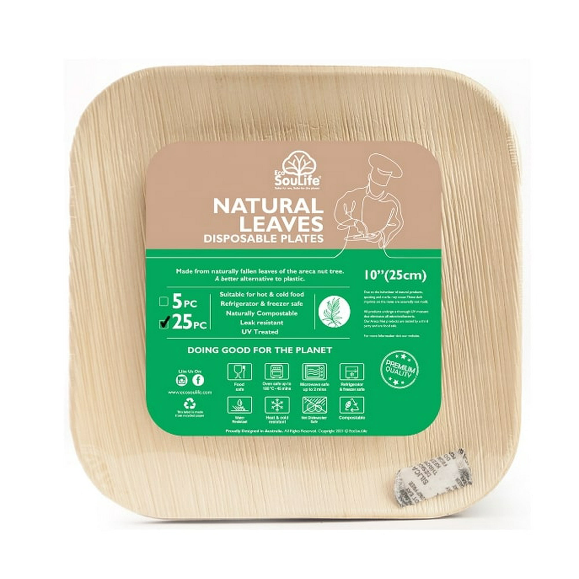 Ecosoulife - Pack De 25 Platos Cuadrados Ecológicos Hoja De Palma 100% Biodegradable 25cm.