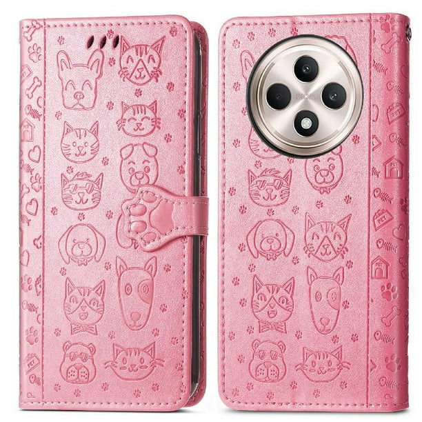 Funda Cartera FOXDOCK para OPPO Reno 12F , Flip PU con Relieve de Gatos y Perros, Tarjetero y Soporte