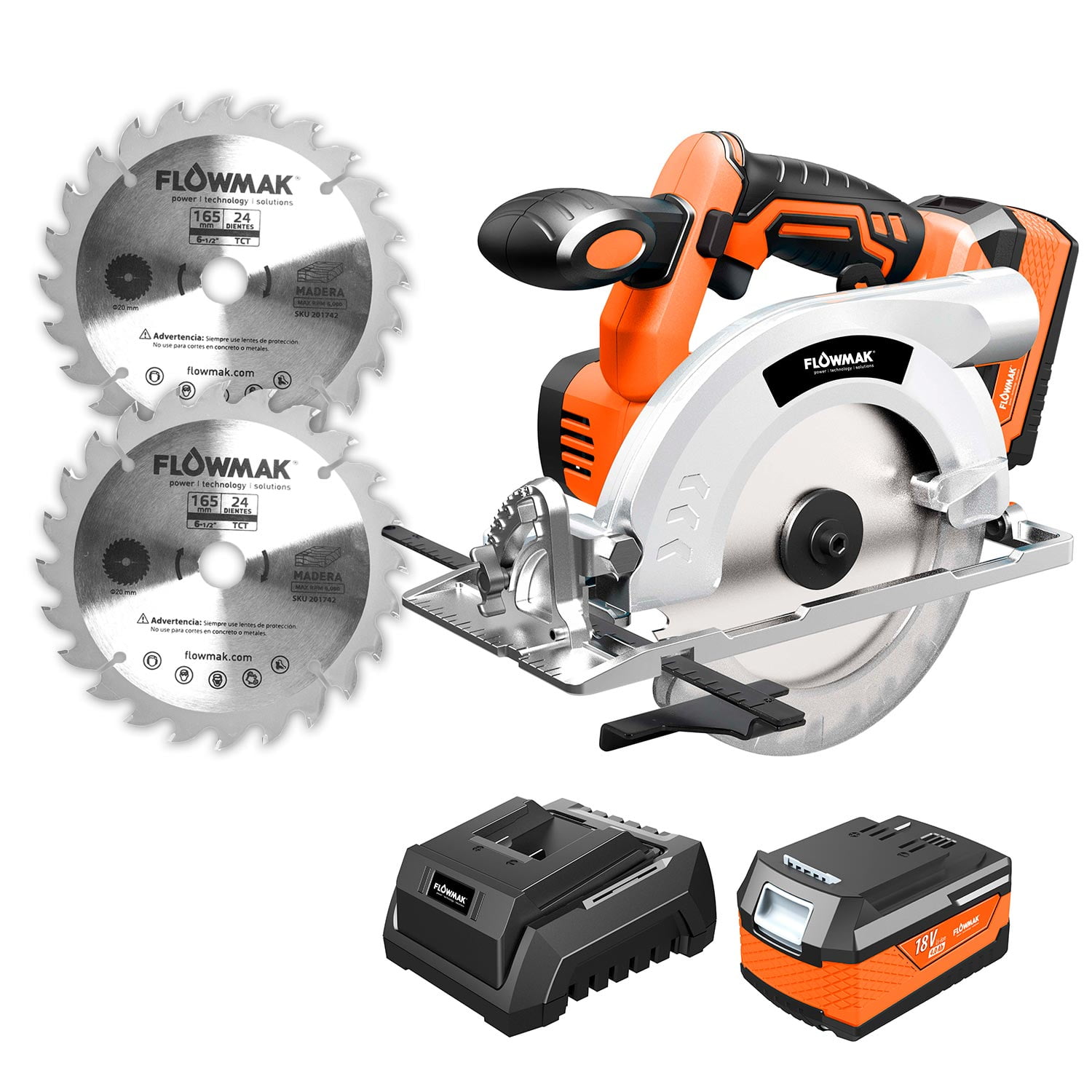 Flowmak - Sierra Circular 6 1/2 Pulg 18v Con Bat Carg Extras Dos Hojas