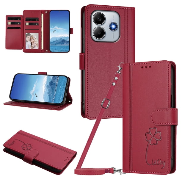 Funda Cartera Trébol para Xiaomi Redmi Note 14 4G con Ranuras Tarjetas y Carga Inalámbrica Rojo