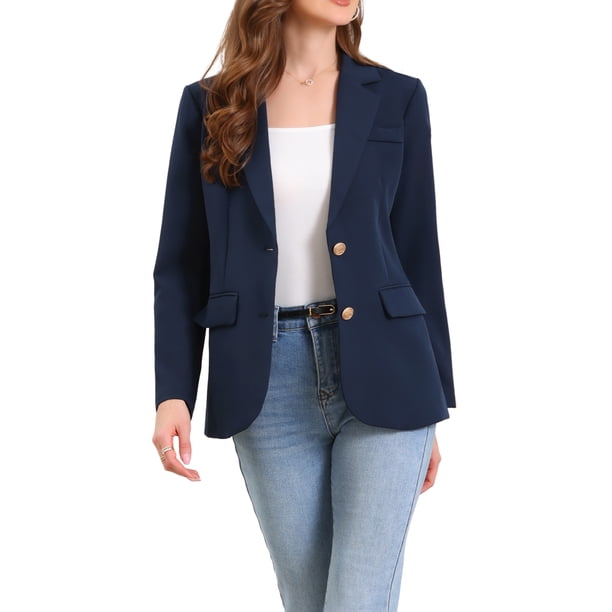 Blazer de Mujer INSPIRE CHIC Solapa con Muesca Manga Larga Chaquetas de Traje de Trabajo de Un Solo Pecho L Azul Oscuro
