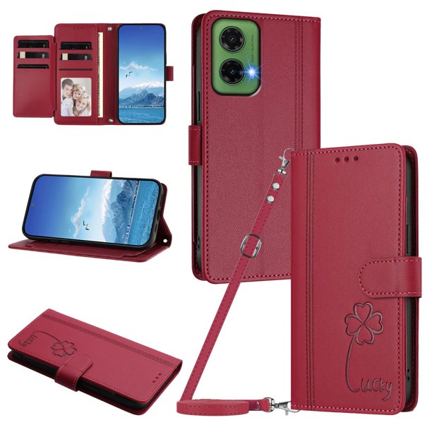 Funda Cartera Trébol para Motorola Moto G35 5G con Ranuras Tarjetas y Carga Inalámbrica Rojo