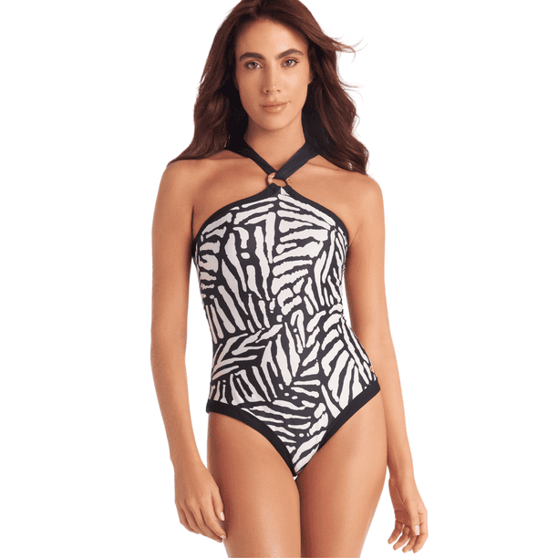 Traje De Baño Black And White Halter Control De Abdomen Chamela L