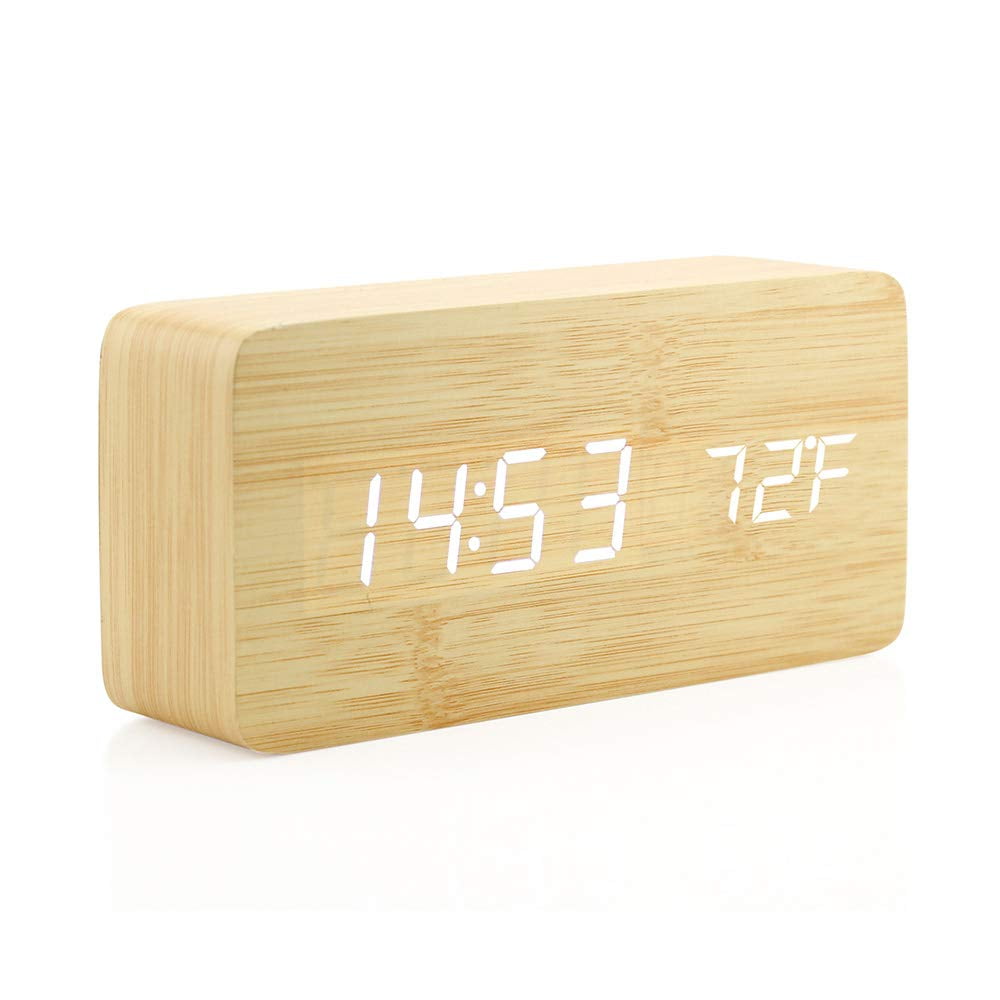 Xusx111 - Reloj De Alarma Led Multifunción Con Fuente De Alimentación Usb, Control De Voz, Temporizador, Termómetro - (caracteres Blancos De Bambú Y Madera)